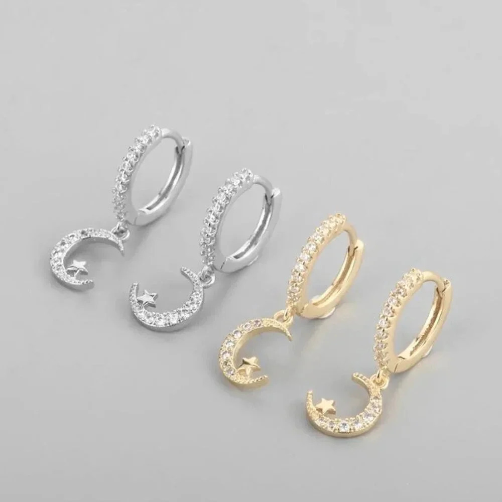 Sterling Silver Huggie Hoop Moon & Star Earrings